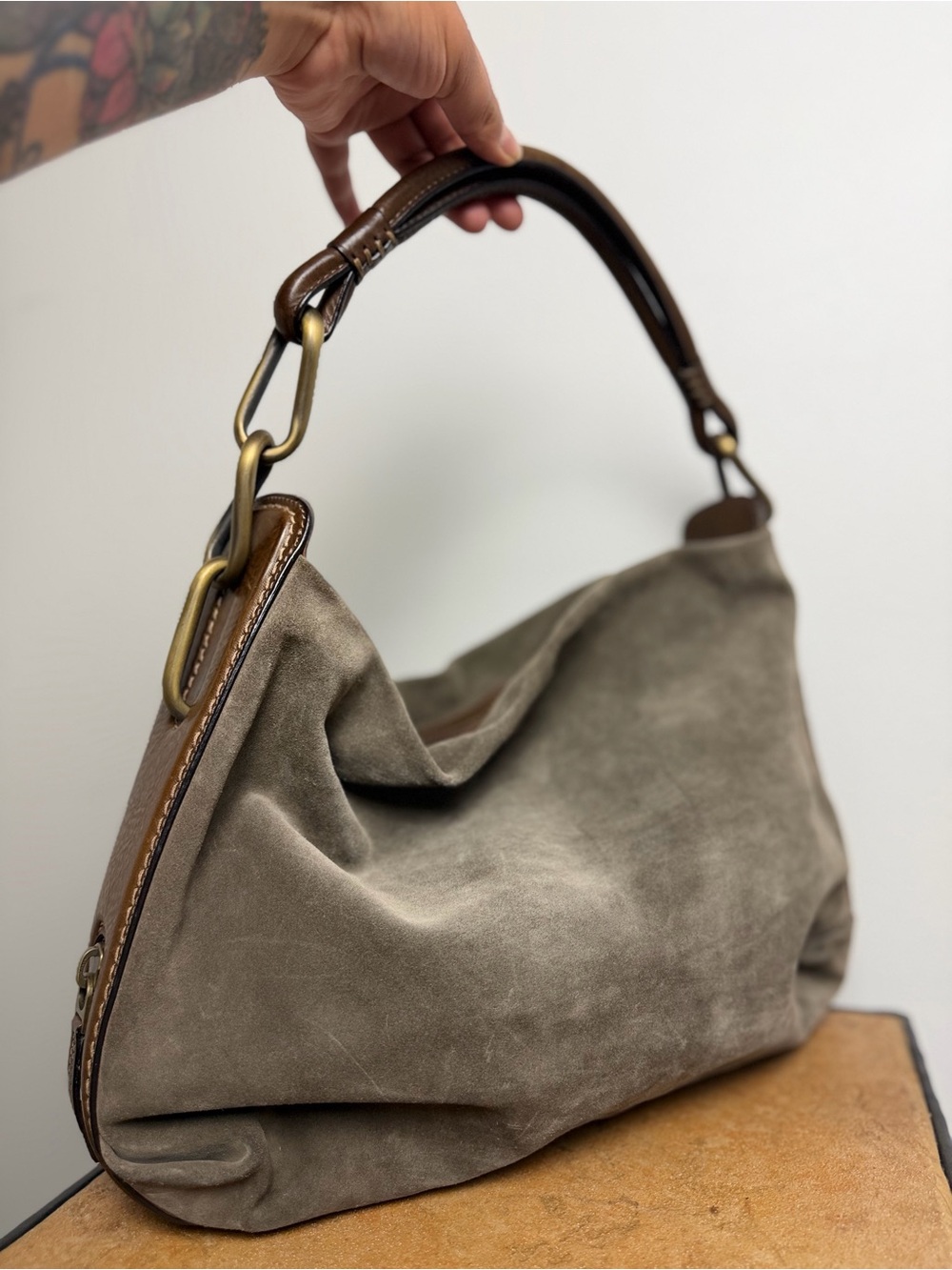 Joan & David Made in Italy Suede Leather Hobo Bag Taupe Brown